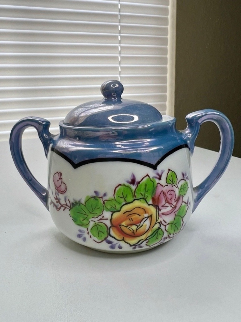 Antique Hand Painted Art Deco Lusterware Sugar Bowl With Lid Japan 4"